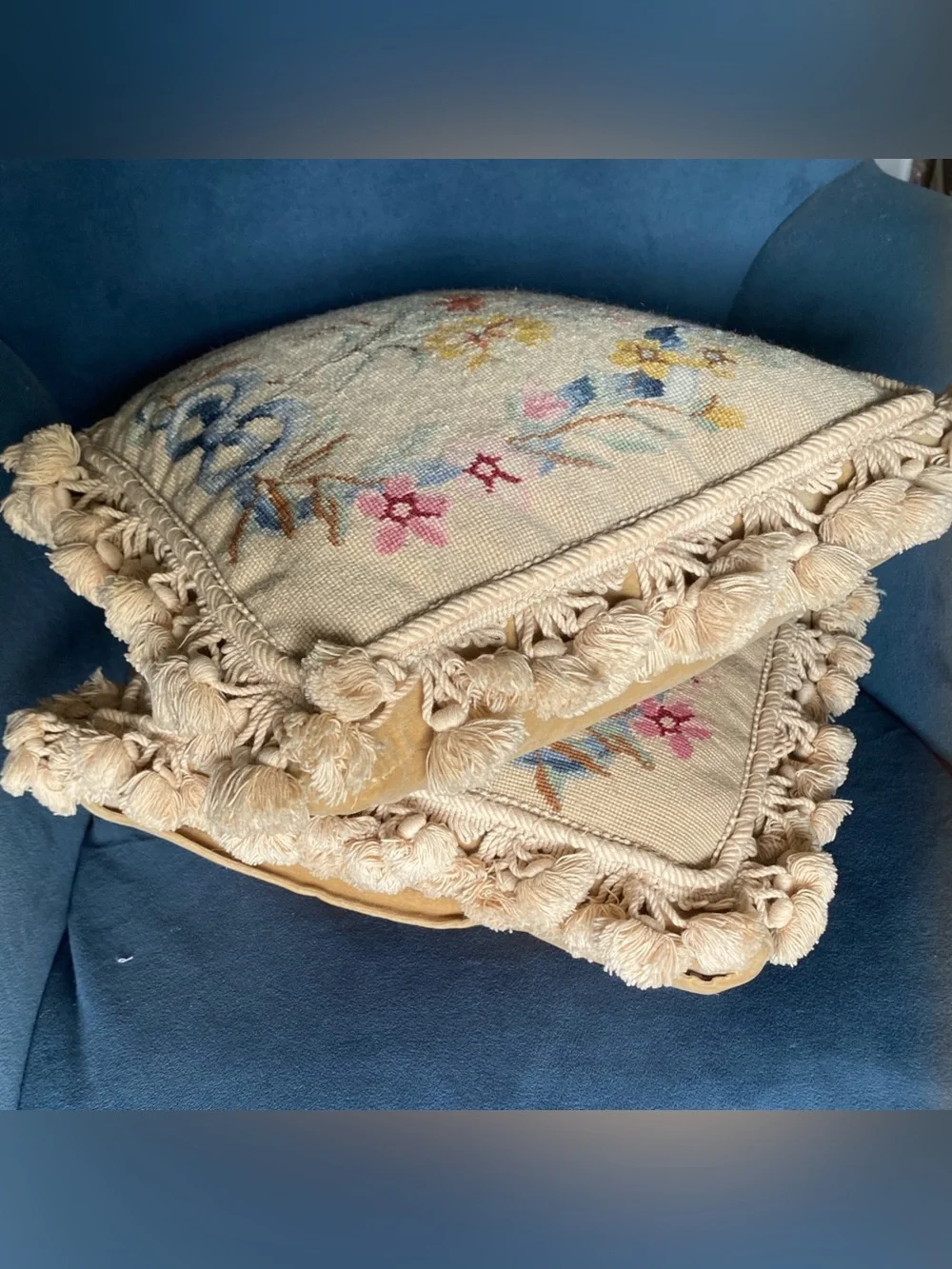 Vintage Needlepoint Throw Pillows – Set of 2 – Feather/Down Filled – 14” x 14”